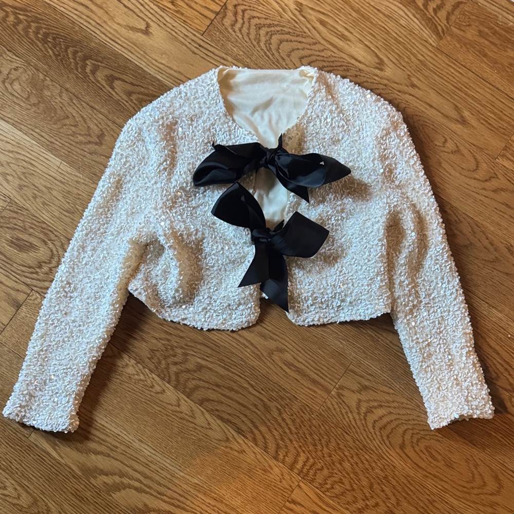 White sequined Jacket with Black Bows XS